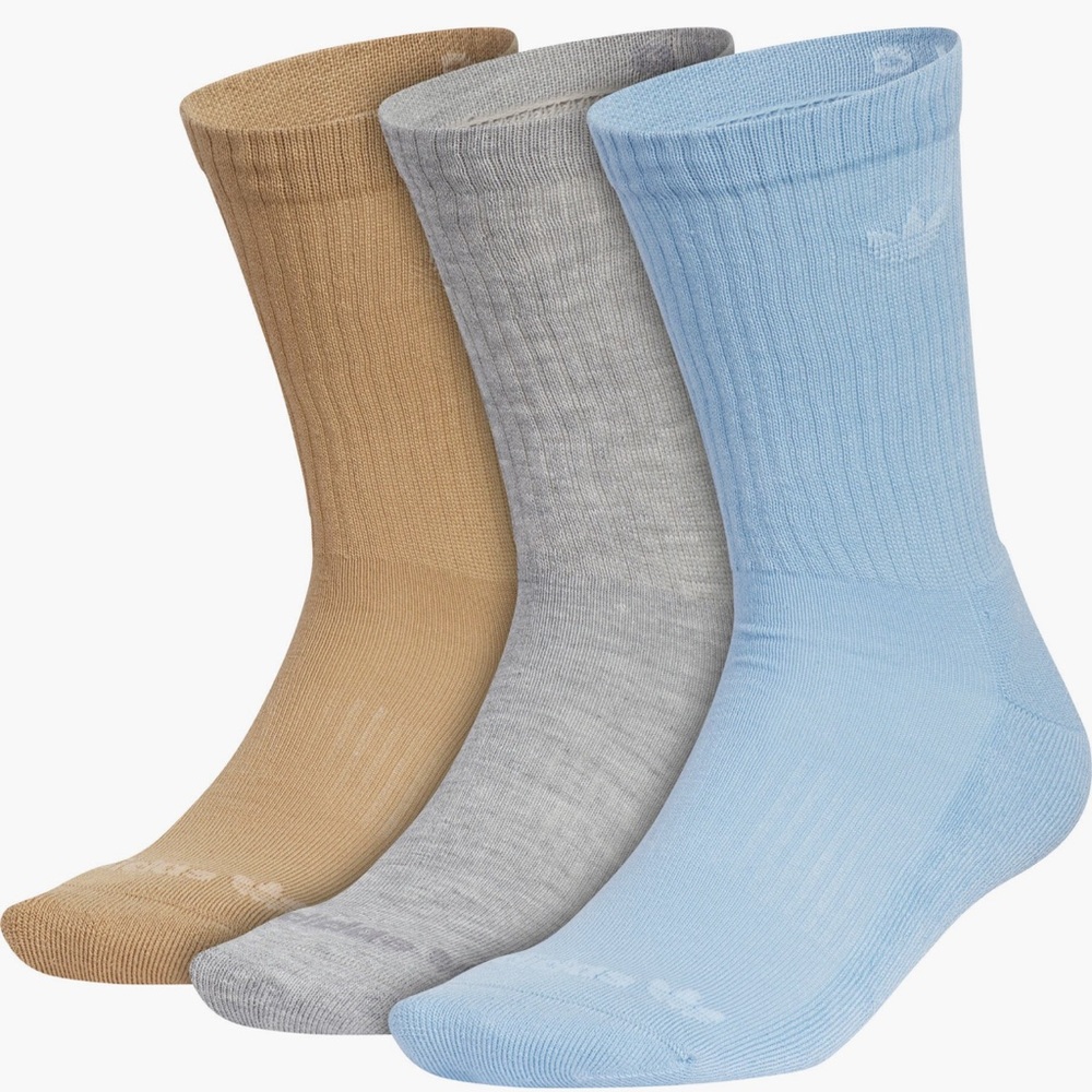 Adidas Trefoil Crew Socks 3-Pack NWT Brown Grey Blue Performance One Size
